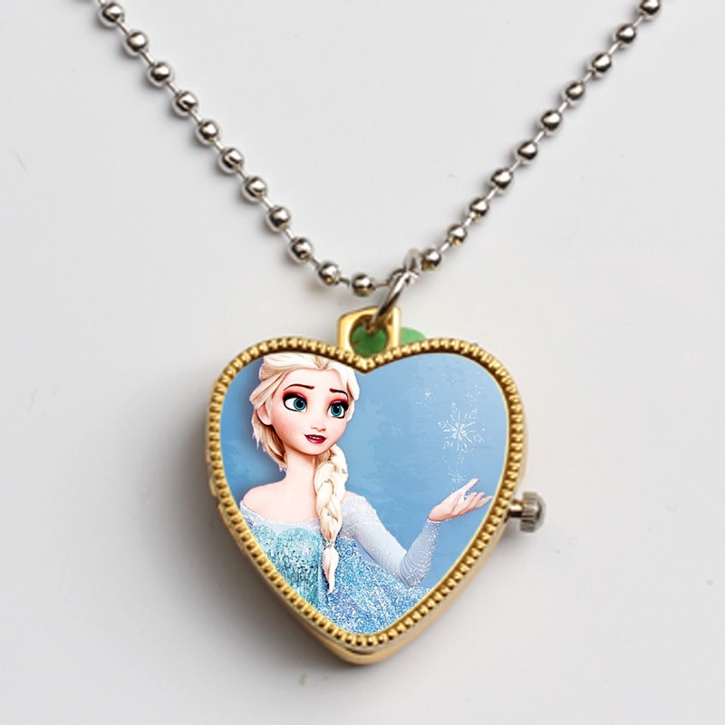 ℗☌Children heart girl ice colors fashion flip quartz pocket watch necklace gift chain insert
