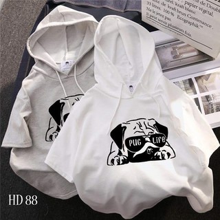 Mô tả sản phẩm Áo thun HOODIE UNISEX TAY LỠ CÓ NÓN hình chó PUG LIFE