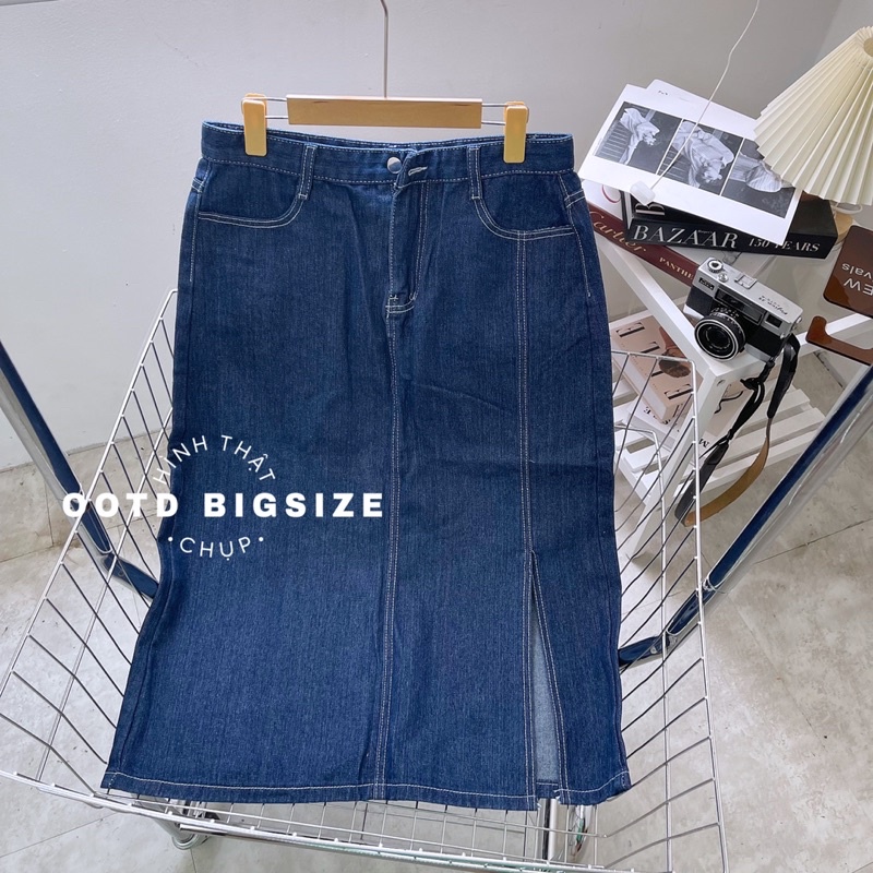 Chân váy jean bigsize dáng midi xẻ