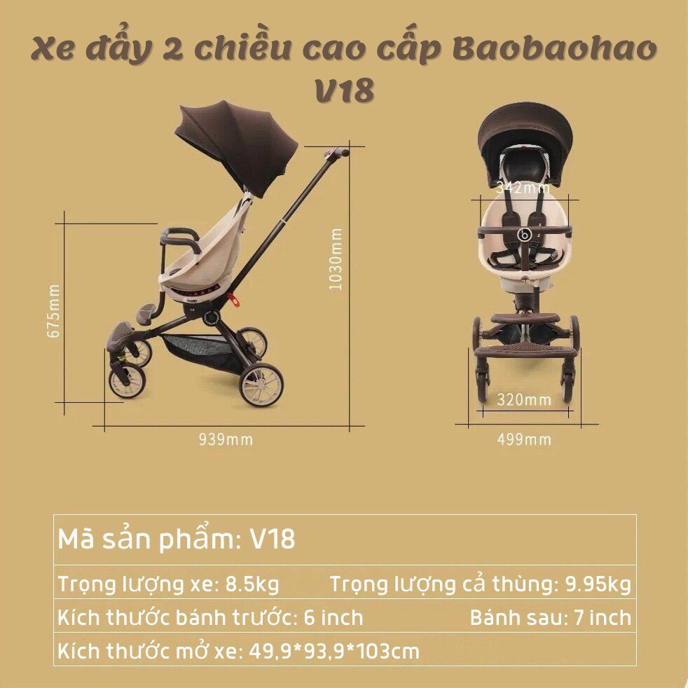 Xe Đẩy Gấp Gọn BAOBAOHAO V18 Kèm Gối Da Và Đệm Ngồi Ngã Lưng Với 5 Chế Độ Có Mái Vòm - Hàng Chính Hãng
