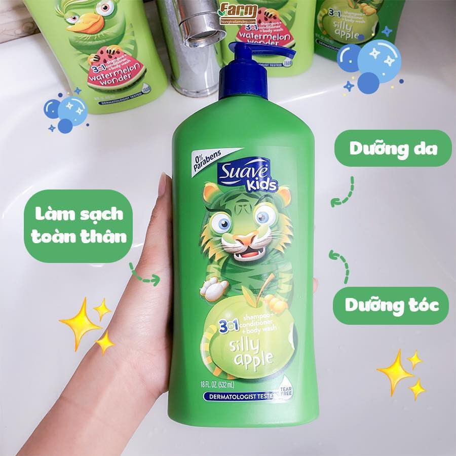 Dầu gội xả sữa tắm 3in1 Suave Kid cho trẻ em của Mỹ, loại có vòi bơm 532ml