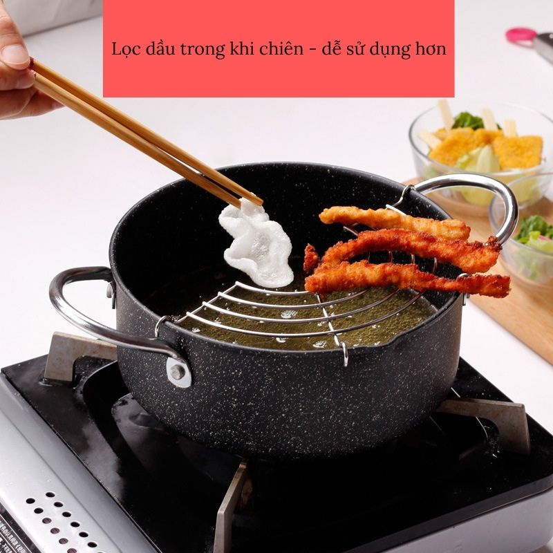 Nồi Chiên Chống Dính Emoojoo Nhật Size 20cm Có Khay Ráo Mỡ Vân Đá Siêu Bền ,Bếp Từ, Bếp Ga, Bếp Hồng Ngoại