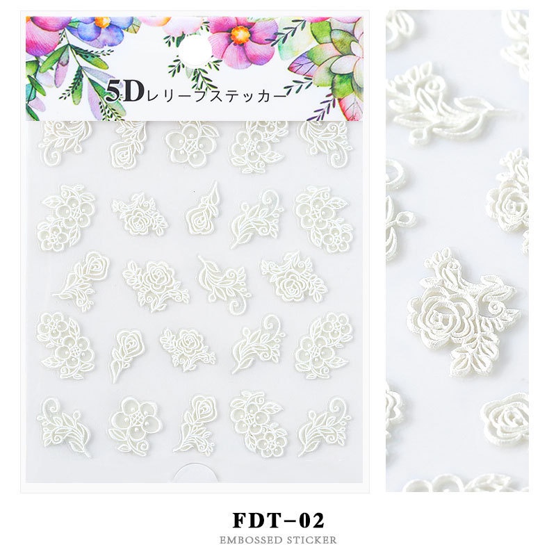 Miếng Dán Dập Nổi Họa Tiết Hoa Hồng Trắng 5D Trang Trí Móng Tay