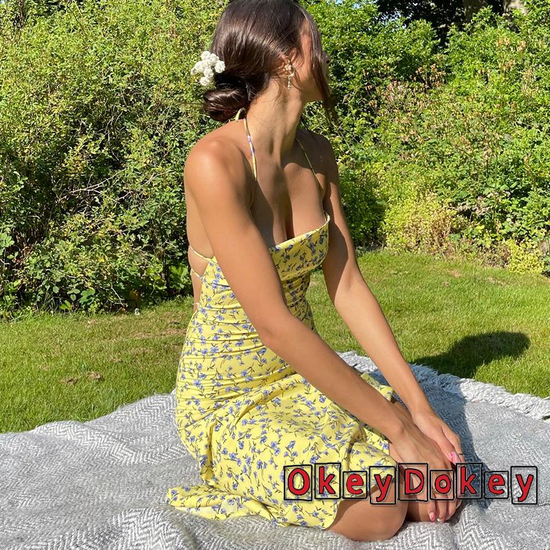 OKDK-Women´s Dress Floral Print Sleeveless Halter Tie Design Open Back Side High Slit Summer Dress