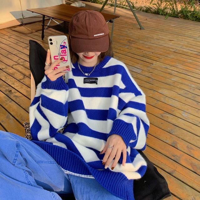 Áo Len Dài Tay Cổ Tròn Form Rộng Họa Tiết Kẻ Sọc Thiết Kế Mới Thời Trang Theo Phong Cách Hàn Quốc Dành Cho Nữ