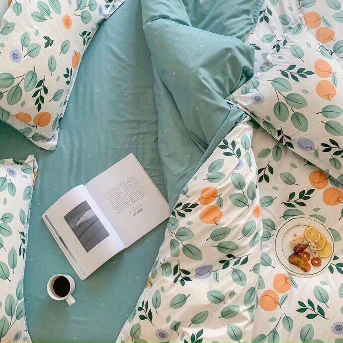 Bộ Chăn Ga Gối Phong Cách Hàn Quốc - Họa Tiết Quả Quất ( KHÔNG KÈM RUỘT )