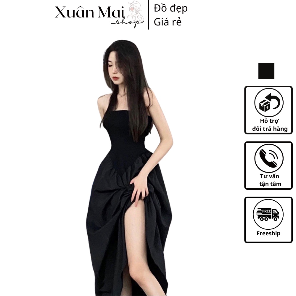 Đầm 2 dây bún form xòe dài thân trên phối thun xịn co giãn ôm sát người form xoè dài 1m3