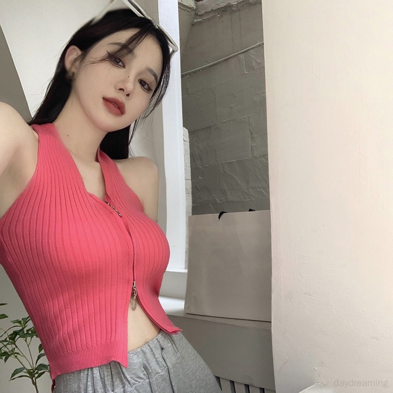 Áo Croptop Dệt Kim Hai Dây Màu Sắc Đơn Giản Cho Nữ