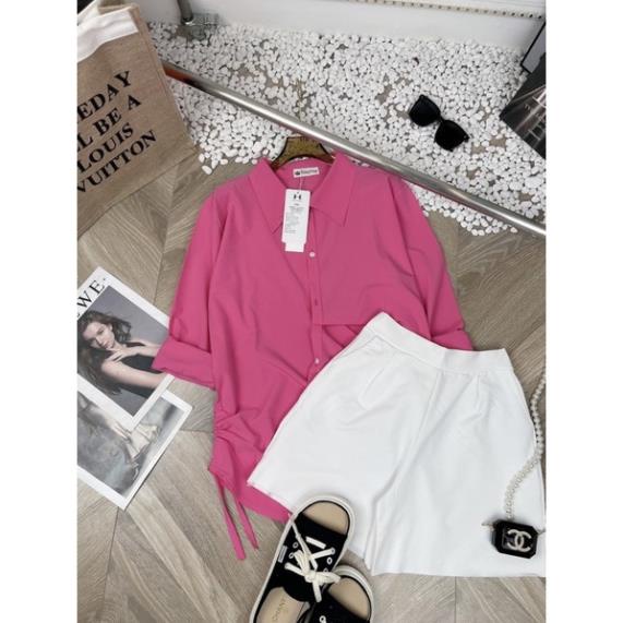 [ 𝐅𝐑𝐄𝐄 𝐒𝐇𝐈𝐏 ] SET ÁO SƠ MI HỒNG TAY DÀI RÚT HÔNG MIX SOOC TRẮNG