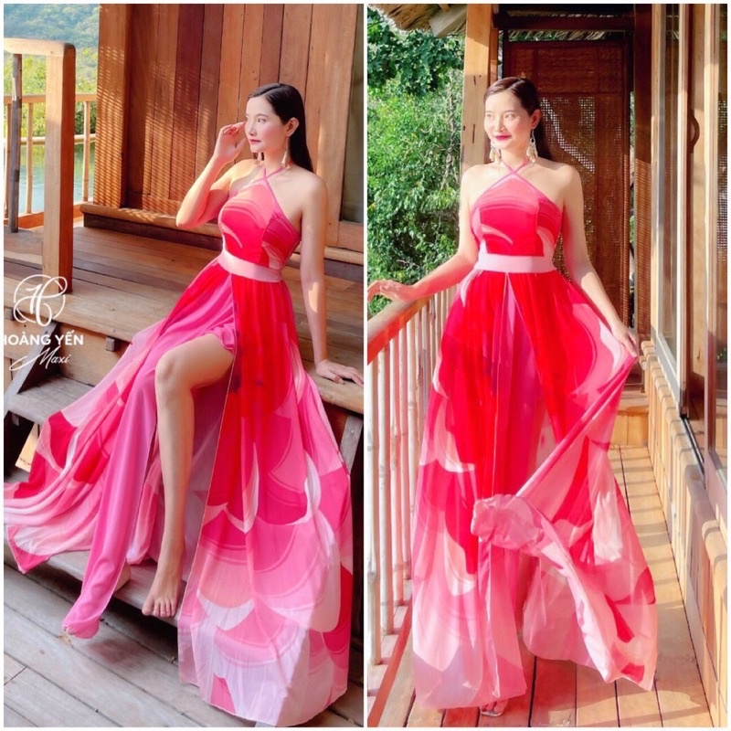 Đầm maxi cổ yếm đi biển hồng loang màu nhún thun lưng có mút ngực ngực