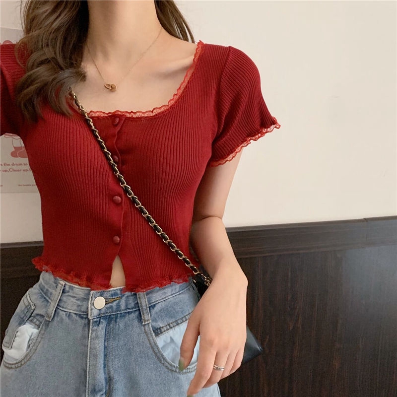 Áo Dệt Kim Tay Ngắn Phối Ren Dáng Ôm Quyến Rũ Trẻ Trung Cho Bạn Gái