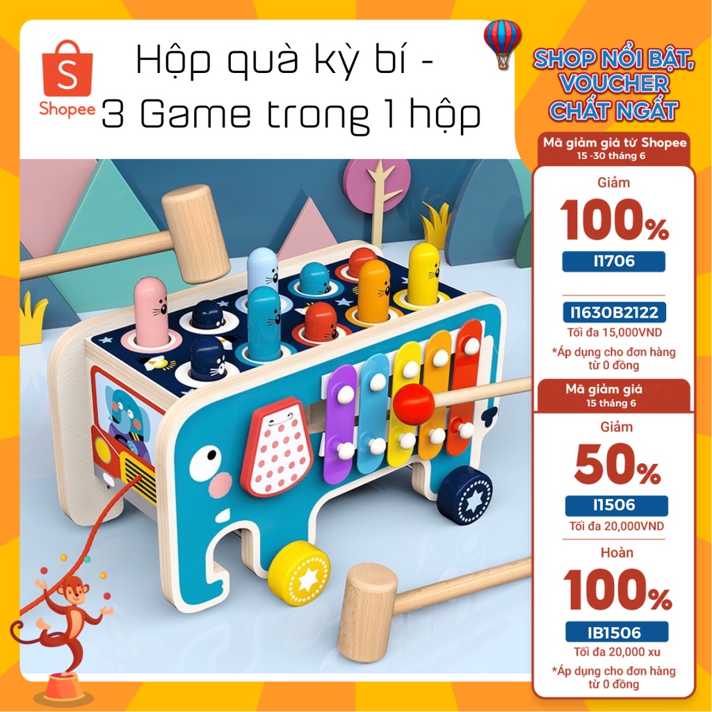 Đập chuột gỗ hình con voi kèm đàn, Kèm bánh răng xoay, Xe Kéo, Tập đếm cho bé phát triển tri tuệ