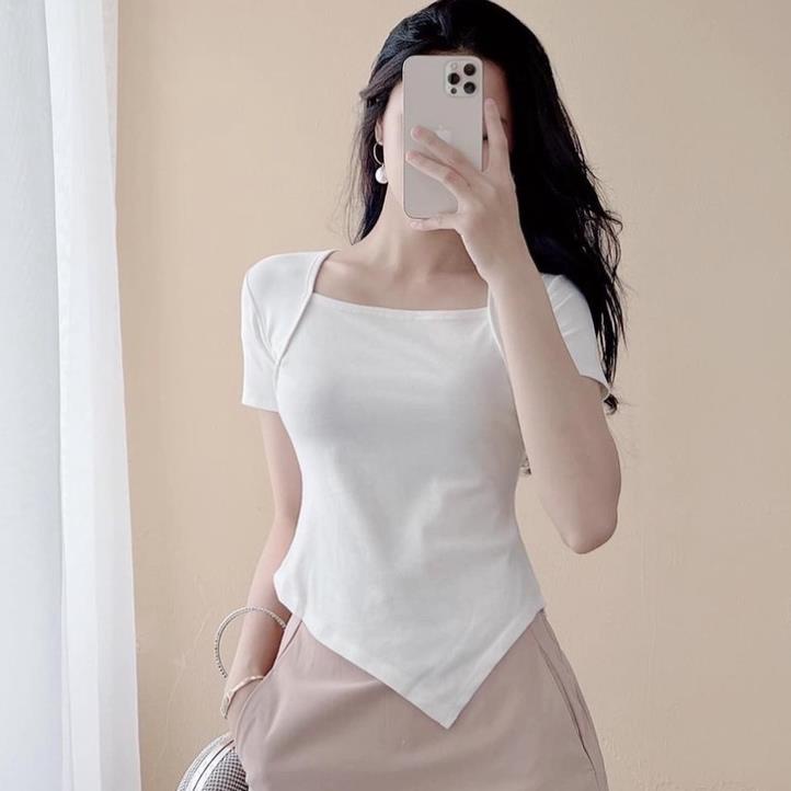 Áo thun cổ vuông vạt lệch ôm body co dãn 4 chiều A1217 BEGIE