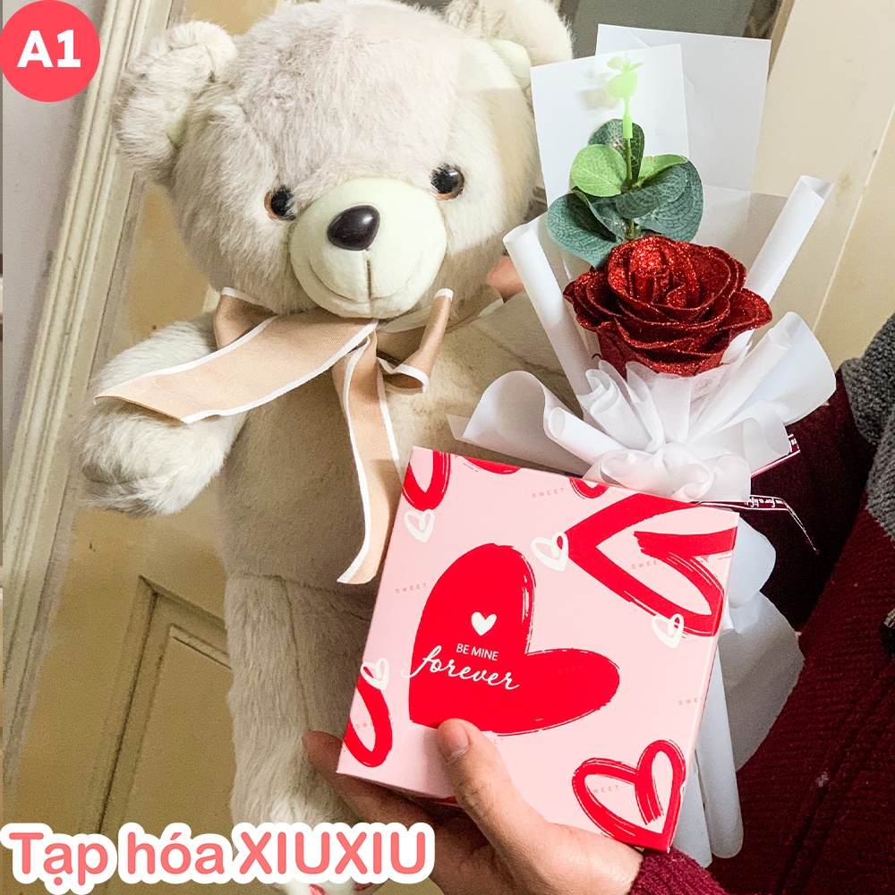 Set Quà Tặng Gấu Cute, Socola và Hoa Sáp, Tặng Kèm Thiệp, Túi, Combo Quà Tặng Valentine, 8/3, Sinh Nhật Bạn Gái