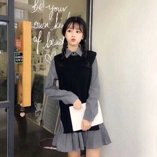 Set đầm sơmi+áo len