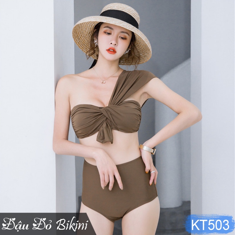 [4 MÀU] - Bikini nữ trẻ trung, quần cạp cao kín đáo, áo vai lệch cách điệu sexy, bộ bơi phong cách Hàn quyến rũ | KT503