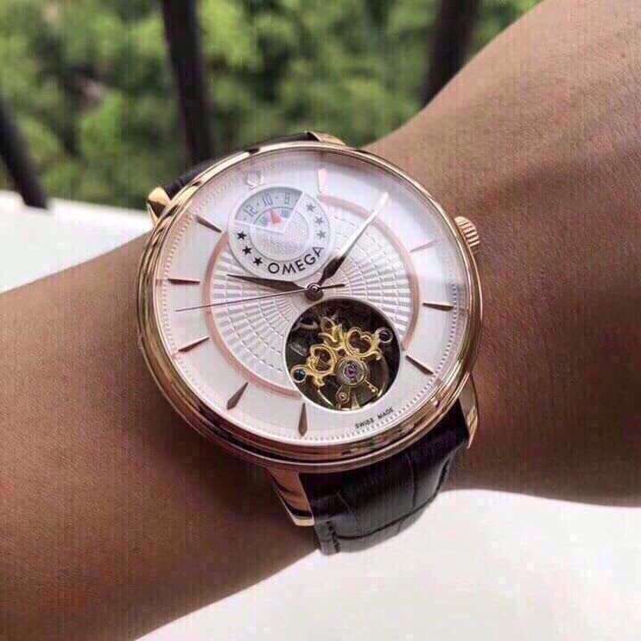 Đồng hồ Nam Omega máy cơ trăng sao hở vành tóc automatic nhiều màu dây da 42mm