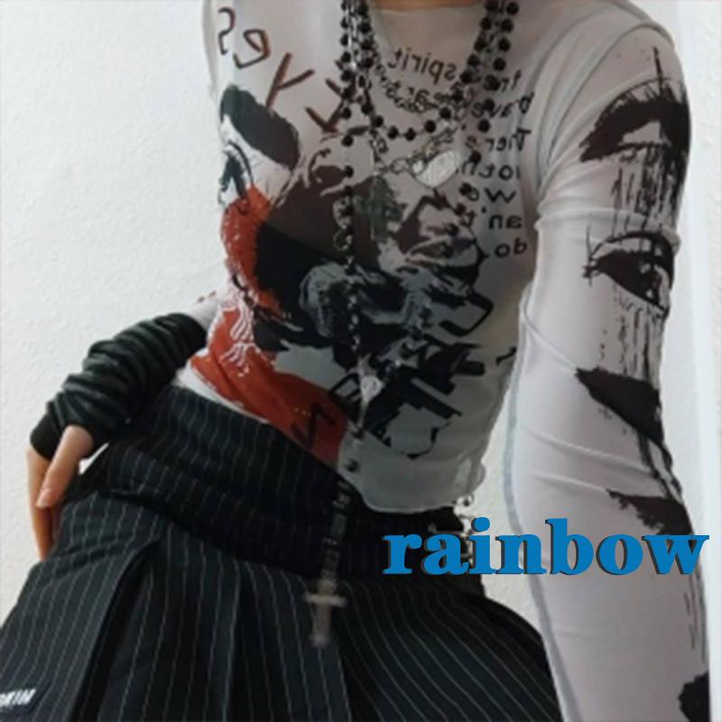 RAINBOW-Y2K E-girl Graphic Print Mesh Crop Top Harajuku Grunge Long Sleeve See Through Tees Gothic Mall Goth Crop Top