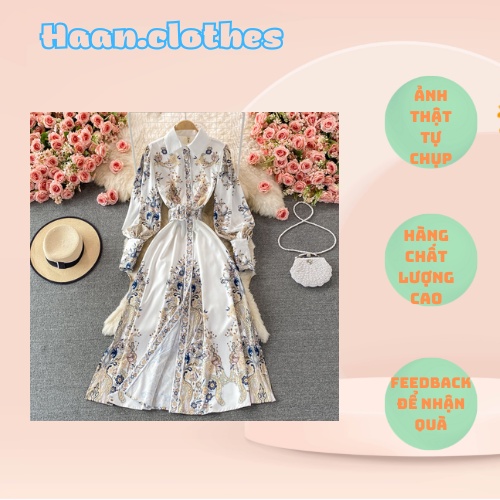 Đầm tay dài cổ sơ mi hoạ tiết siêu đẹp nền trắng đủ size
