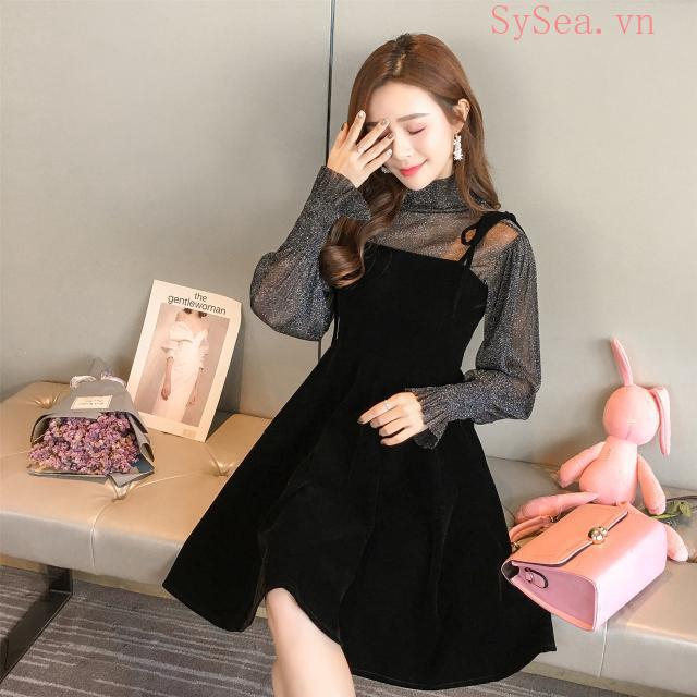 Set đồ 2 mảnh gồm áo sơ mi và đầm hai dây vải nhung có size ngoại cỡ thời trang Hàn Quốc cho nữ