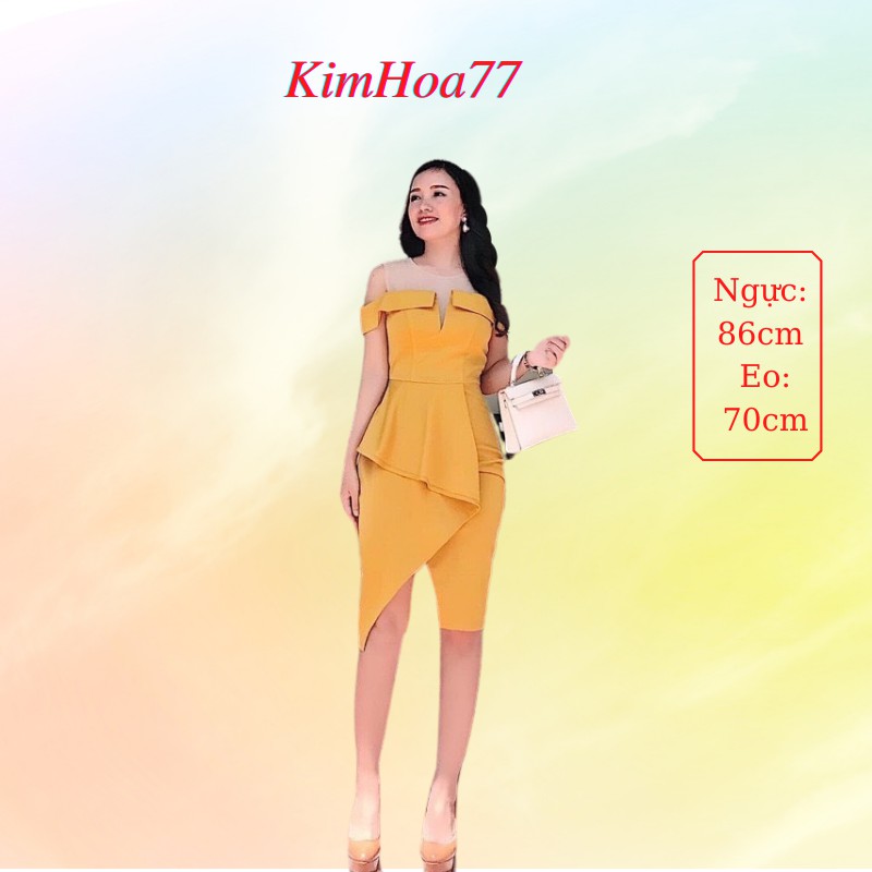 Váy body đầm nữ dự tiệc freesize chất umi cao cấp phối lưới rớt vai chéo tà kimhoa77