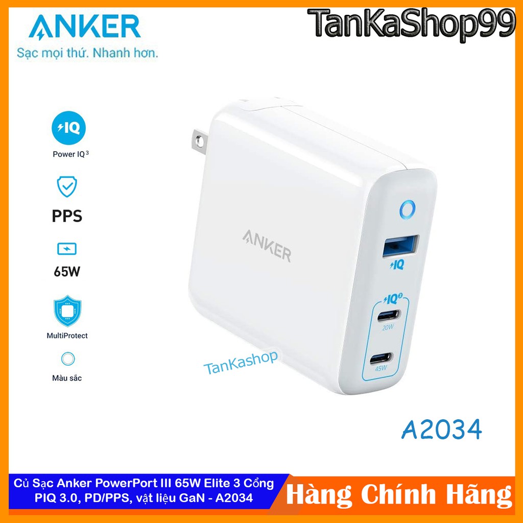 Củ Sạc Anker PowerPort III 65W Elite A2034 - 3 cổng PiQ 3.0, GaN , Sạc Nhanh PPS/PD/QC3.0