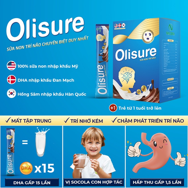 Sữa Trí Não Olisure 🍀🍀 Sữa non trí não Olisure hộp 20 gói 10 gram hỗ trợ giúp bé tăng cường trí não