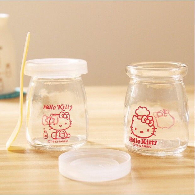 [Siêu HOT] Bộ 12 Hũ Đựng Sữa Chua Thuỷ Tinh Hello Kitty