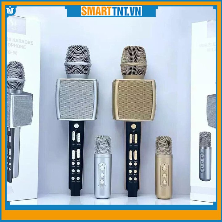 Micro karaoke bluetooth YS98 cao cấp thêm 1 mic để hát song ca tích hợp loa bass tress cao cấp