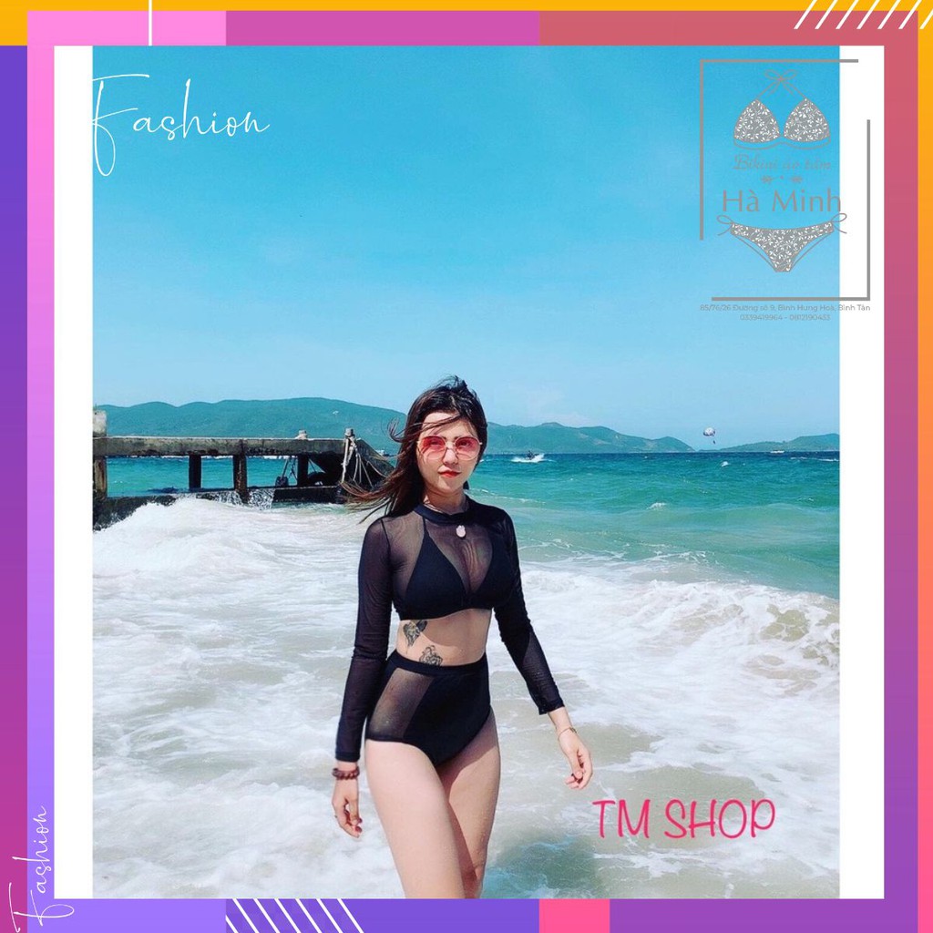[Xưởng May Bikini Hà Minh] Bikini, Đồ Bơi Đi Biển Hai Mảnh Tay Dài Đen Lưới KG15