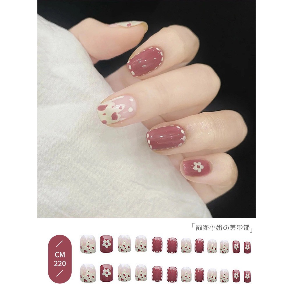 Set 24 móng tay giả khuôn vuông ngắn 3D đính charm đẹp xinh AT