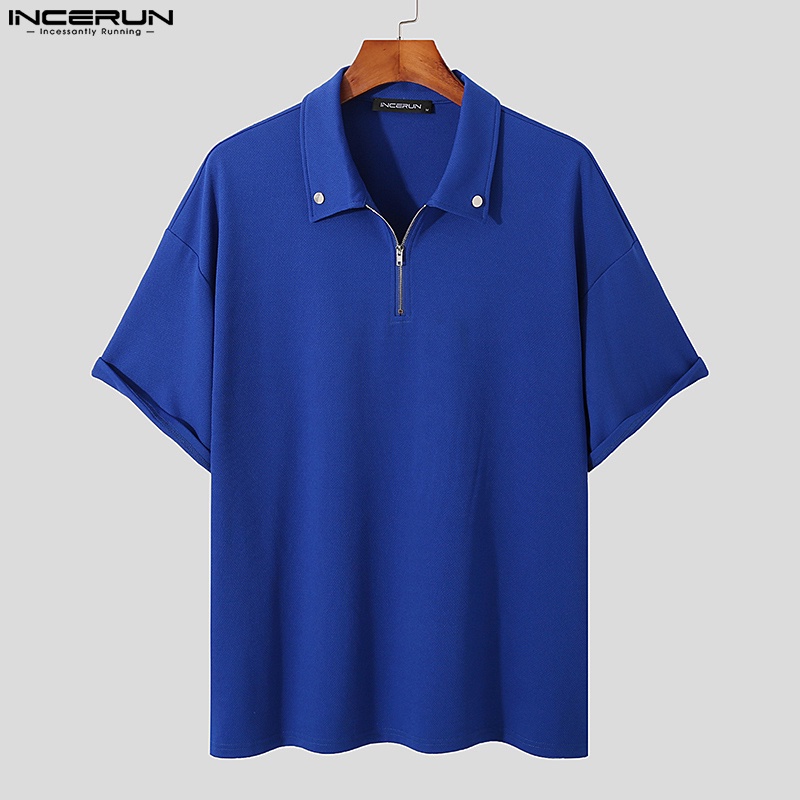 Áo thun polo INCERUN tay ngắn màu trơn dáng rộng phối khóa kéo thời trang cá tính cho nam