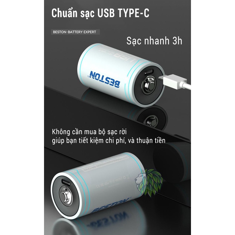 Pin đại D Beston chuẩn 1.5V 6000mWh sạc lại cổng sạc USB Type C dùng cho đèn pin, bếp ga, thiết bị công nghiệp