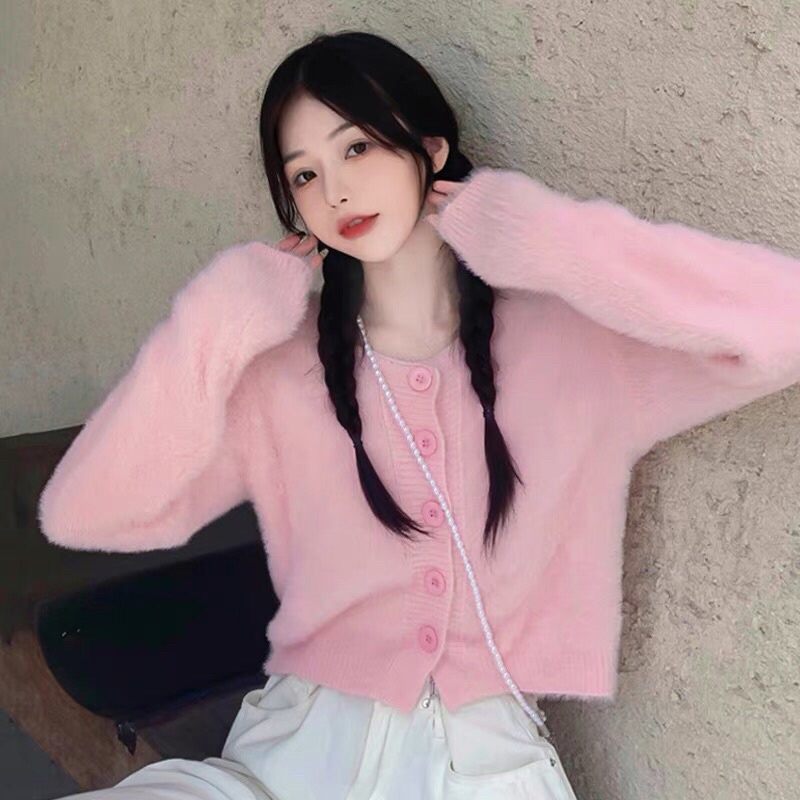 Áo len/ cardigan lông gài nút hồng- trắng - xanh dương