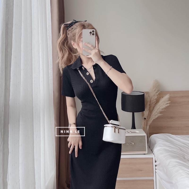 Váy thun suông polo cổ sơ mi tay ngắn ôm body MITRIE đầm cotton co dãn