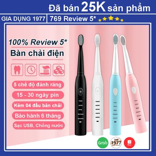 Bàn chải đánh răng điện tự động 5 cấp độ sạc PIN phù hợp cho cả người lớn và cho bé tặng kèm 4 đầu bàn chải thay thế