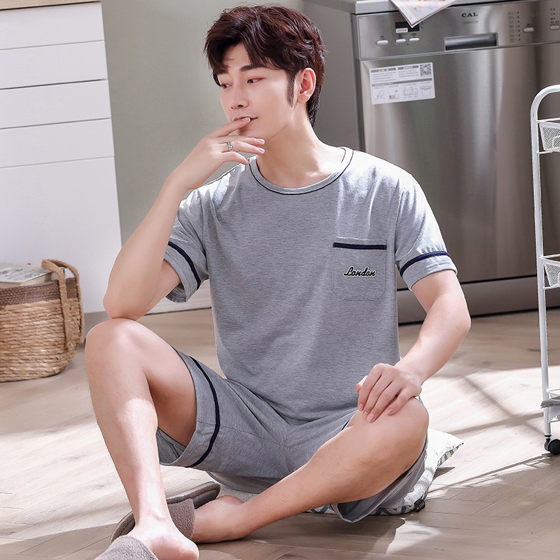 Bộ đồ ngủ gồm áo tay ngắn + quần short dáng rộng bằng cotton nguyên chất thời trang mùa hè cho nam