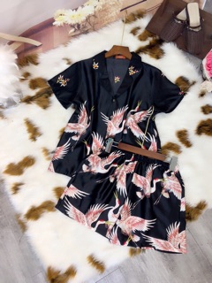 [XẢ KHO] BỘ LỤA PIZAMA SOOC HOẠ TIẾT CHIM HẠC