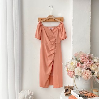 Váy hồng cam cổ v vạt chéo tay cộc dọc cúc bọc cùng màu dáng a dài
