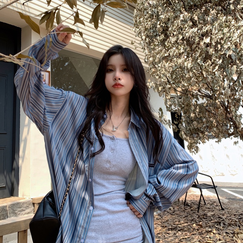 ZHELIHANGFEI Áo Sơ Mi Sọc Dọc Tay Dài Theo Phong Cách Retro Dễ Phối Đồ