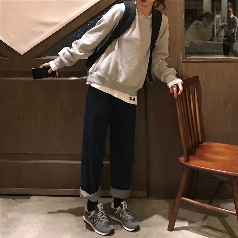 Áo sweater dáng rộng IELGY tay dài cổ tròn phong cách Hàn Quốc thời trang cho nữ