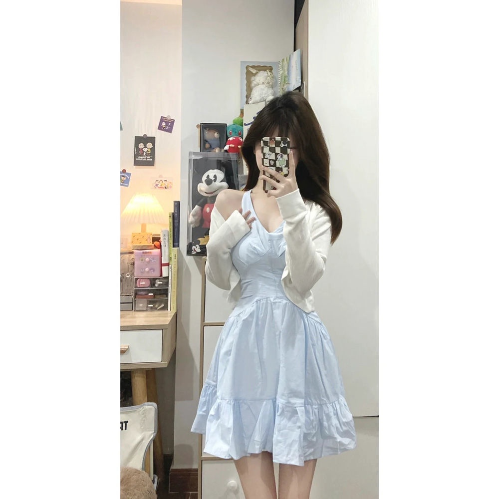 Bộ Áo Khoác Cardigan Chống Nắng + Đầm Hai Dây Cổ Chữ V Thiết Kế Mới Thời Trang Mùa Hè Dành Cho