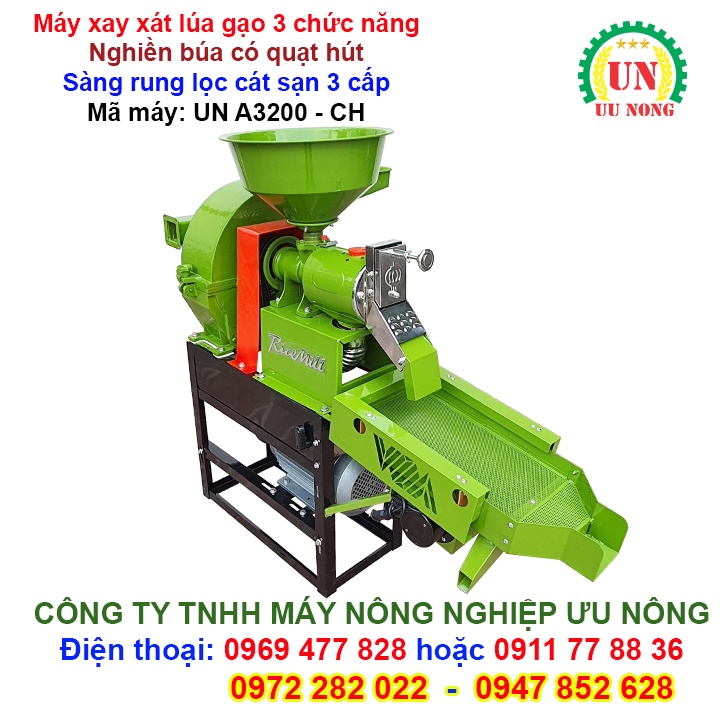 Máy xay xát lúa gạo 3 chức năng  Đầu nghiền búa có quạt hút, sàng rung lọc cát sạn 3 cấp cải tiến mới