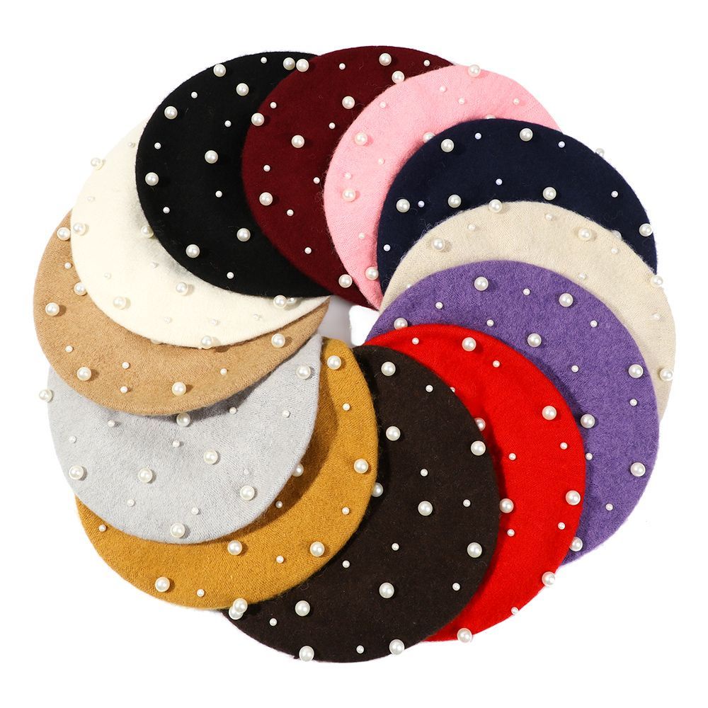 Mũ nồi vải len đính ngọc trai thời trang Pháp thanh lịch có thể điều chỉnh cho nữ