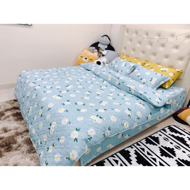 TRỌN BỘ GA PHỦ CHẦN BÔNG 5 MÓN COTTON POLY HÀN QUỐC - CÚC HOẠ MI XANH