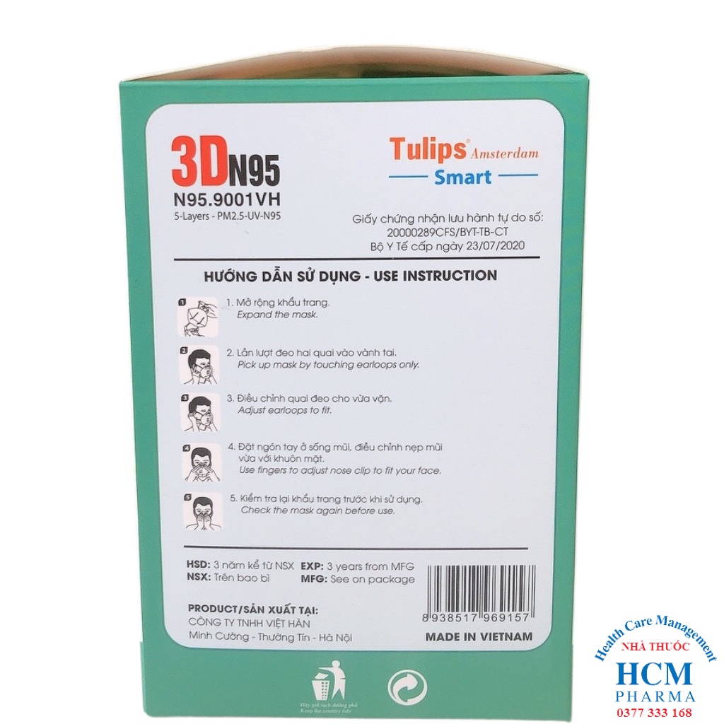 Khẩu trang y tế N95 chính hãng màu trắng 5 lớp 3DN95 Tulips hộp có van thở 20c và không có van 30c HCM06A