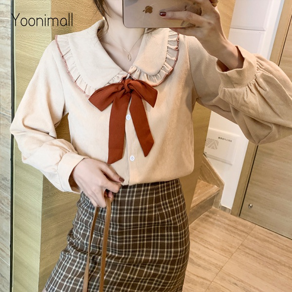 Áo sơ mi cổ búp bê thắt nơ phong cách Hàn Quốc cho nữ