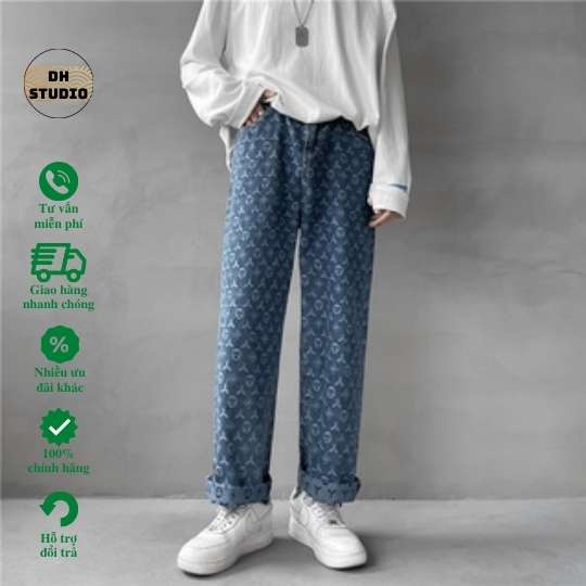 Quần Jean LV nam,nữ Ống suông, rộng In Họa Tiết_DH Style Hàn Quốc Q5
