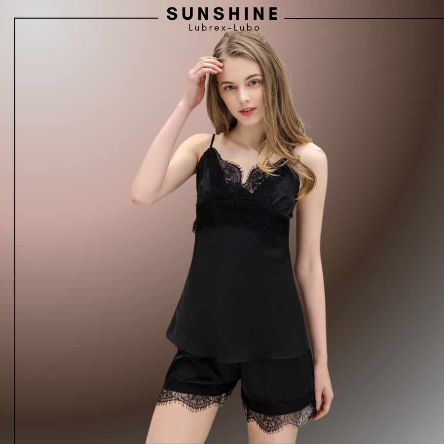 Bộ Đồ Ngủ Nữ Mặc Nhà  Áo 2 Dây Quần Cộc Phối Bèo Nữ Tính Lụa Trơn Cao Cấp MÀU ĐEN SUNSHINE MNT230