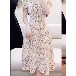 Đầm xòe chấm bi cột eo màu kem chất voan lụa